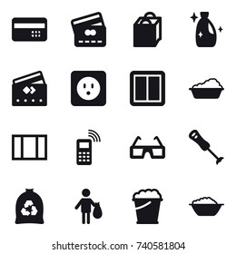 16 vector icon set : credit card, shopping bag, cleanser, power socket, power switch, washing, window, garbage bag, trash, foam bucket, foam basin