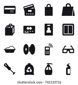 16 vector icon set : credit card, shopping bag, identity card, power switch, washing, garbage bag, liquid soap, toilet cleanser