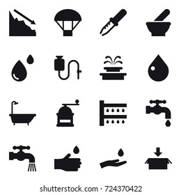 16 vector icon set : crisis, parachute, fountain, drop, bath, hand mill, watering, water tap, hand drop, hand and drop, package