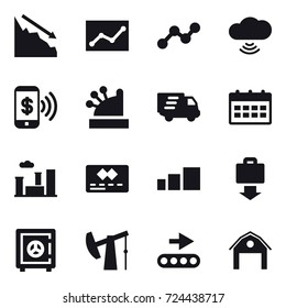 16 vector icon set : crisis, statistic, graph, cloud wireless, phone pay, cashbox, delivery, calendar, city, baggage get, safe, barn