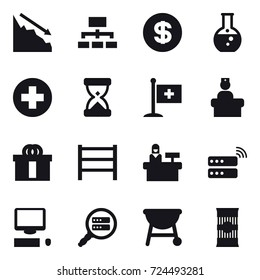 16 vector icon set : crisis, hierarchy, dollar, round flask, reception