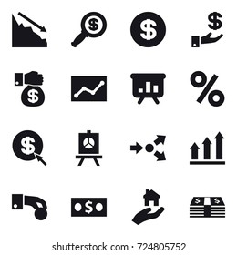 16 vector icon set : crisis, dollar magnifier, dollar, investment, money gift, statistic, presentation, percent, dollar arrow, core splitting, graph up, hand coin, money, real estate