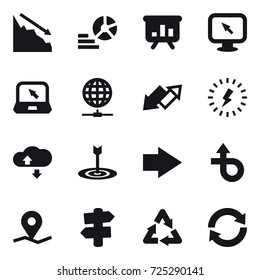 16 vector icon set : crisis, diagram, presentation, monitor arrow, notebook, globe connect, up down arrow, lightning, cloude service, target, right arrow, signpost, reload