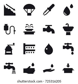 16 vector icon set : crisis, parachute, fountain, water tap, hand mill, watering, drop, hand drop, hand and drop, package