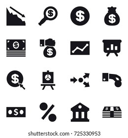 16 vector icon set : crisis, dollar magnifier, dollar, money bag, money, money gift, statistic, presentation, dollar arrow, core splitting, hand coin, percent, library