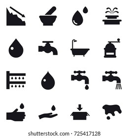 16 vector icon set : crisis, fountain, drop, water tap, bath, hand mill, watering, hand drop, hand and drop, package, spot