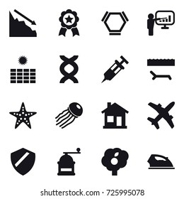 16 vector icon set : crisis, medal, hex molecule, presentation, sun power, lounger, starfish, jellyfish, home, hand mill, garden, iron