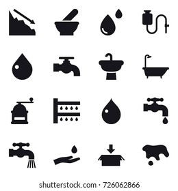 16 vector icon set : crisis, drop, water tap, bath, hand mill, watering, hand and drop, package, spot