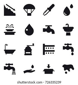 16 vector icon set : crisis, parachute, fountain, drop, water tap, bath, hand mill, watering, hand and drop, package, spot