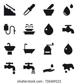 16 vector icon set : crisis, fountain, drop, water tap, bath, hand mill, hand and drop, spot