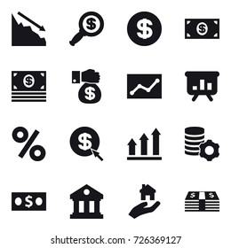 16 vector icon set : crisis, dollar magnifier, dollar, money, money gift, statistic, presentation, percent, dollar arrow, graph up, virtual mining, library, real estate