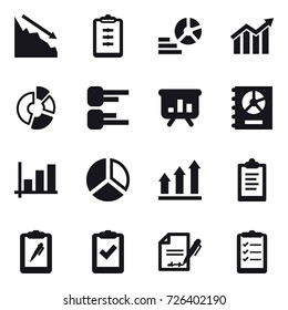 16 vector icon set : crisis, clipboard, diagram, circle diagram, presentation, annual report, graph, graph up, clipboard list