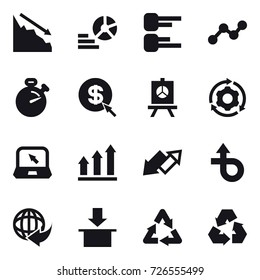 16 vector icon set : crisis, diagram, graph, stopwatch, dollar arrow, presentation, around gear, notebook, graph up, up down arrow, recycling