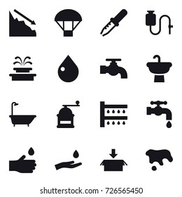 16 vector icon set : crisis, parachute, fountain, drop, water tap, bath, hand mill, watering, hand drop, hand and drop, package, spot