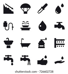 16 vector icon set : crisis, parachute, fountain, drop, water tap, bath, hand mill, watering, hand drop, hand and drop