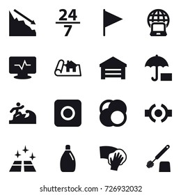 16 vector icon set : crisis, 24/7, flag, notebook globe, project, garage, surfer, ring button, clean floor, cleanser, wiping, toilet brush