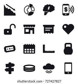 16 vector icon set : crisis, circle diagram, brain, phone pay, unlock, shop, atm receipt, heart, ticket, ruler, signpost, inflatable pool
