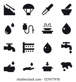 16 vector icon set : crisis, parachute, fountain, drop, water tap, watering, hand drop, hand and drop, package, spot