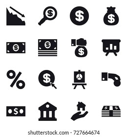 16 vector icon set : crisis, dollar magnifier, dollar, money bag, money, money gift, presentation, percent, dollar arrow, hand coin, library, real estate