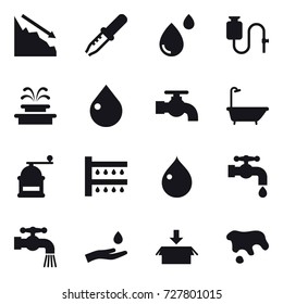 16 vector icon set : crisis, fountain, drop, water tap, bath, hand mill, watering, hand and drop, package, spot