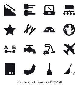 16 vector icon set : crisis, diagram, notebook, structure, star, dome house, water tap, vacuum cleaner, kitchen scales, eggplant, broom