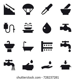 16 vector icon set : crisis, parachute, fountain, drop, water tap, bath, watering, hand drop, hand and drop, package