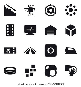 16 vector icon set : crisis, chip, around gear, round around, garage, 3d, ticket, tent, ring button, iron, inflatable pool, wiping