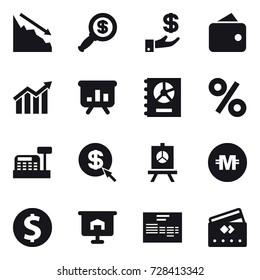 16 vector icon set : crisis, dollar magnifier, investment, wallet, diagram, presentation, annual report, percent, cashbox, dollar arrow, crypto currency, dollar coin, credit card