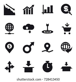 16 vector icon set : crisis, diagram, graph, dollar arrow, globe connect, cloude service, target, add to cart, dollar pin, package
