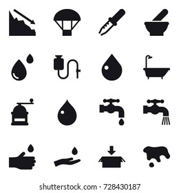 16 vector icon set : crisis, parachute, drop, bath, hand mill, water tap, hand drop, hand and drop, package, spot