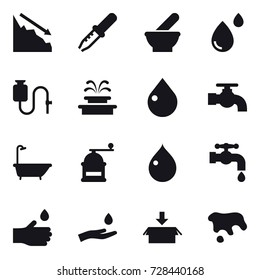 16 vector icon set : crisis, fountain, drop, water tap, bath, hand mill, hand drop, hand and drop, package, spot