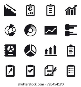 16 vector icon set : crisis, report, clipboard, diagram, circle diagram, statistic, annual report, graph up, clipboard list