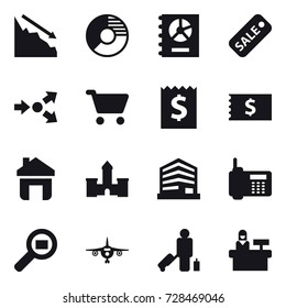 16 vector icon set : crisis, circle diagram, annual report, sale, core splitting, cart, receipt, home, castle, plane, passenger, reception