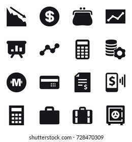 16 vector icon set : crisis, dollar, purse, statistic, presentation, graph, calculator, virtual mining, crypto currency, credit card, account balance, mobile pay, suitcase iocn, suitcase, safe