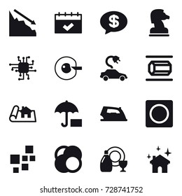 16 vector icon set : crisis, calendar, money message, chess horse, chip, cell corection, electric car, nanotube, project, iron, ring button, dish cleanser, house cleaning