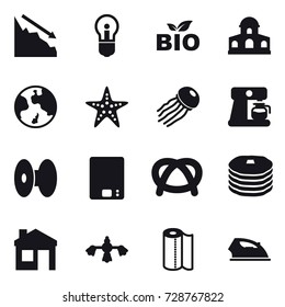 16 vector icon set : crisis, bulb, bio, mansion, earth, starfish, jellyfish, coffee maker, kitchen scales, house, hard reach place cleaning, paper towel, iron