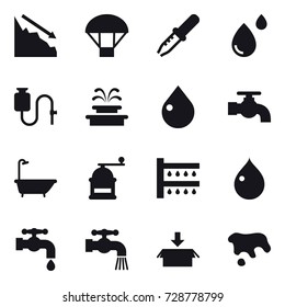 16 vector icon set : crisis, parachute, fountain, drop, water tap, bath, hand mill, watering, package, spot