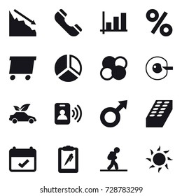 16 vector icon set : crisis, phone, graph, percent, delivery, diagram, atom core, cell corection, eco car, pass card, brick, tourist, sun