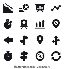 16 vector icon set : crisis, diagram, presentation, graph, stopwatch, graph up, dollar pin, left arrow, signpost, compass, reload
