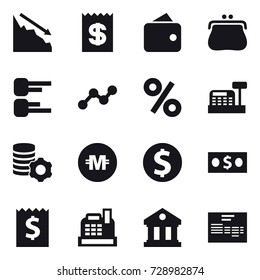 16 vector icon set : crisis, receipt, wallet, purse, diagram, graph, percent, cashbox, virtual mining, crypto currency, dollar coin, money, library