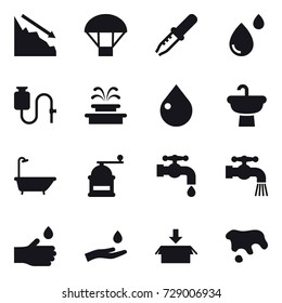 16 vector icon set : crisis, parachute, fountain, drop, bath, hand mill, water tap, hand drop, hand and drop, package, spot