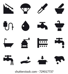 16 vector icon set : crisis, parachute, drop, water tap, bath, hand mill, watering, hand and drop, package, spot