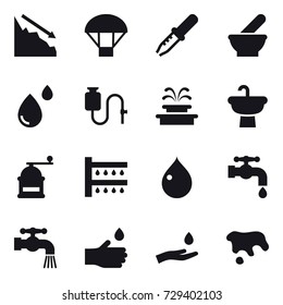 16 vector icon set : crisis, parachute, fountain, hand mill, watering, drop, water tap, hand drop, hand and drop, spot