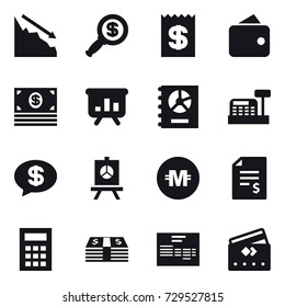 16 vector icon set : crisis, dollar magnifier, receipt, wallet, money, presentation, annual report, cashbox, money message, crypto currency, account balance, calculator, credit card