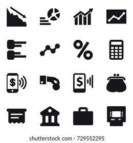 16 vector icon set : crisis, diagram, statistic, graph, percent, calculator, phone pay, hand coin, mobile pay, purse, atm receipt, library, suitcase iocn, atm