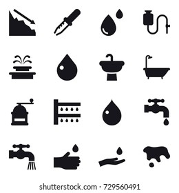 16 vector icon set : crisis, fountain, drop, bath, hand mill, watering, water tap, hand drop, hand and drop, spot