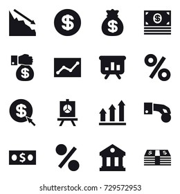 16 vector icon set : crisis, dollar, money bag, money, money gift, statistic, presentation, percent, dollar arrow, graph up, hand coin, library