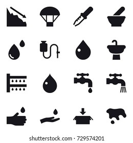 16 vector icon set : crisis, parachute, drop, watering, water tap, hand drop, hand and drop, package, spot
