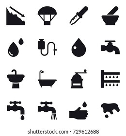 16 vector icon set : crisis, parachute, drop, water tap, bath, hand mill, watering, hand drop, spot