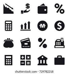 16 vector icon set : crisis, investment, wallet, percent, calculator, graph up, crypto currency, dollar coin, purse, credit card, cashbox, library, suitcase iocn